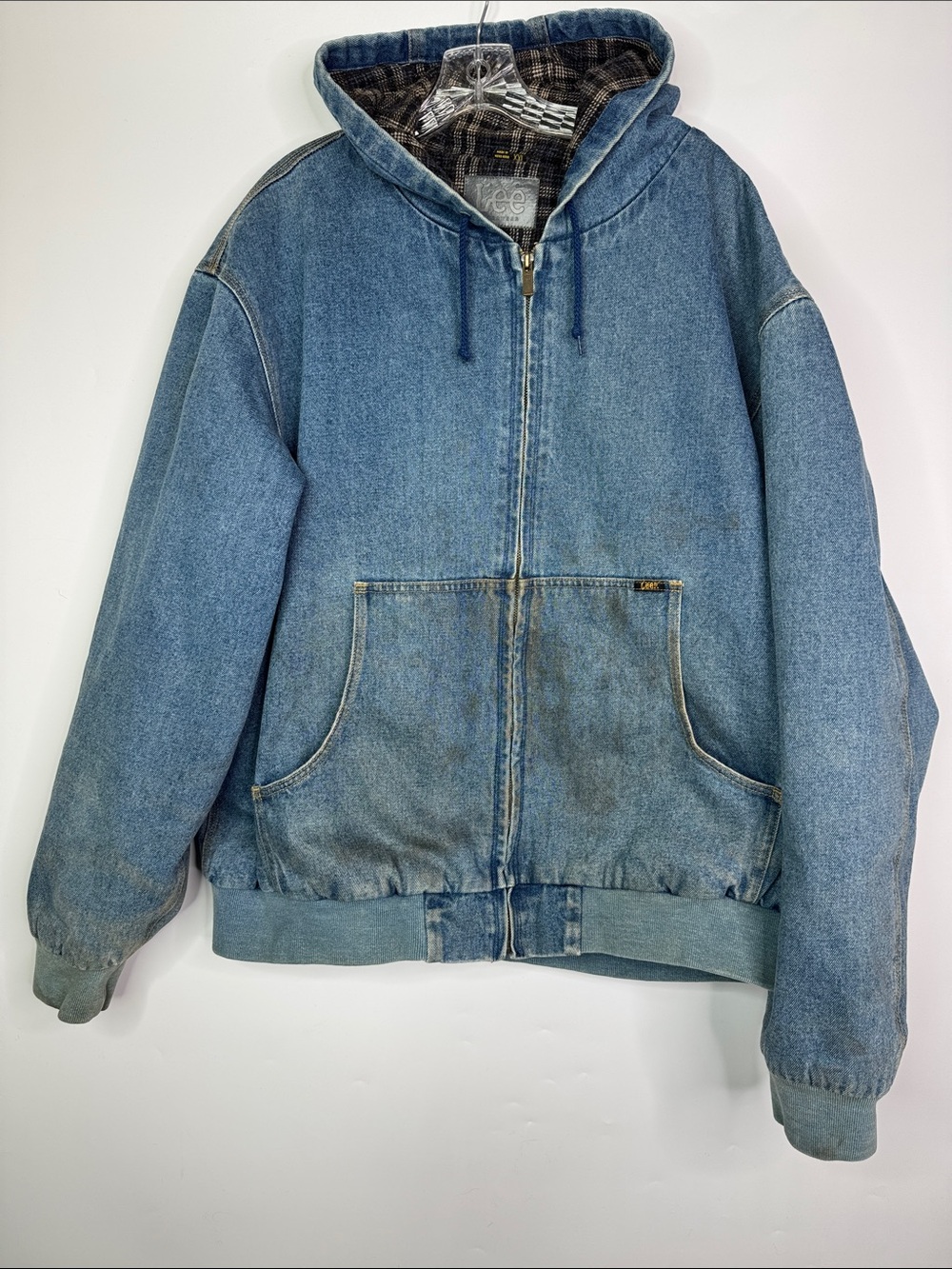 Vintage Lee Denim Blanket Plaid Flannel Lined Hooded Jacket XXL 90s